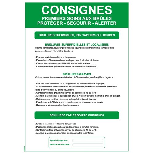 Consigne de sécurité "Premiers soins aux brûlés"