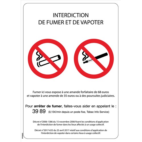 Panneau "Interdiction de fumer et vapoter" - PVC A4