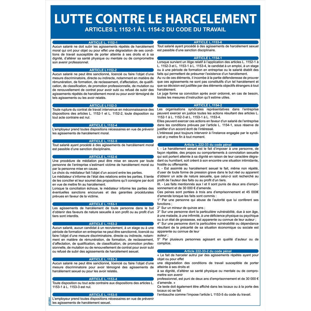 Panneau obligatoire lutte contre le harcèlement au travail