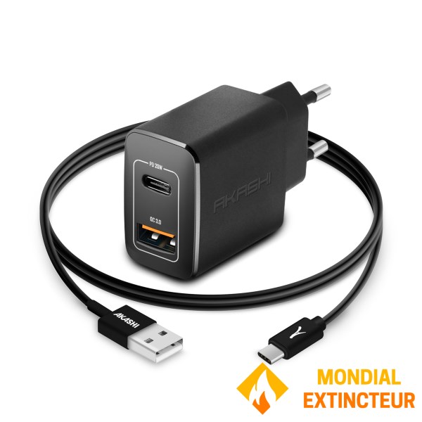Akashi - Chargeur secteur USB Avec cable USB-C - Noir