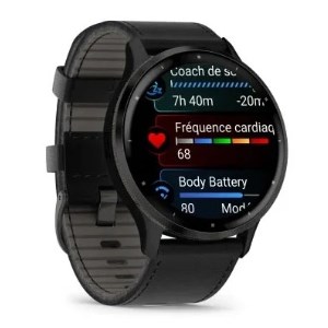 Garmin - Montre connectée Venu 3, Gray avec bracelet cuir noir