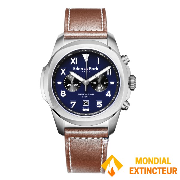 Eden Park - Montre homme Sport en Cuir Marron 43 mm bleu