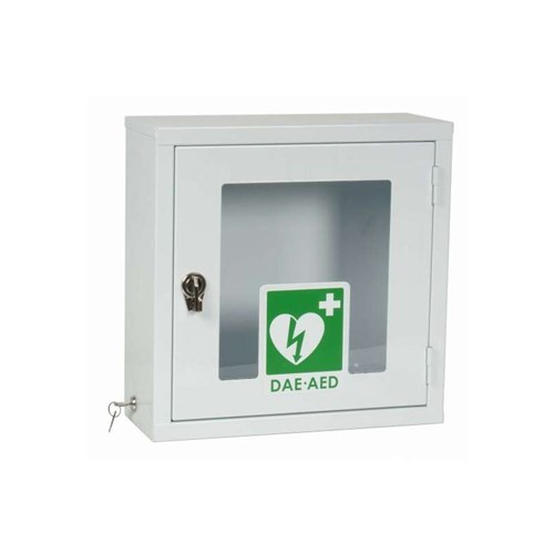 Armoire métallique blanche avec alarme pour défibrillateur