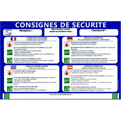 Lot de 50 consignes de sécurité pour hôtels 4 langues