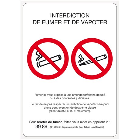 Panneau PVC "Interdiction de fumer et vapoter" A5