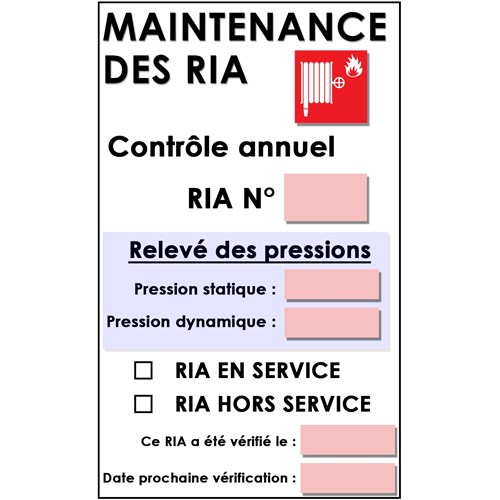 Lot de 10 Etiquettes de maintenance pour RIA - Taille 90 X 120 mm