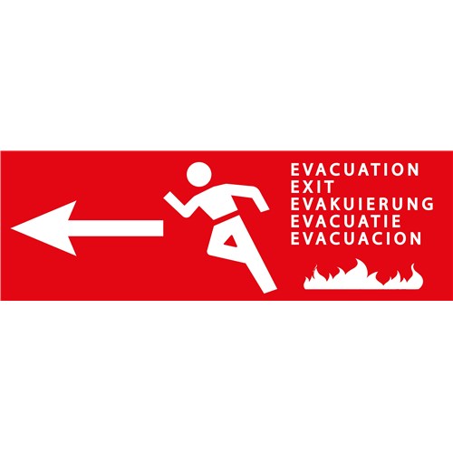Panneau Evacuation incendie camping rouge + Flèche gauche – PVC - 300 x 100 mm