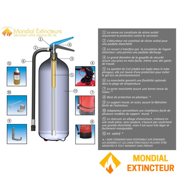 Френски стандартен 6 литров пожарогасител за кухни - Олекотен алуминий - Допълнително налягане