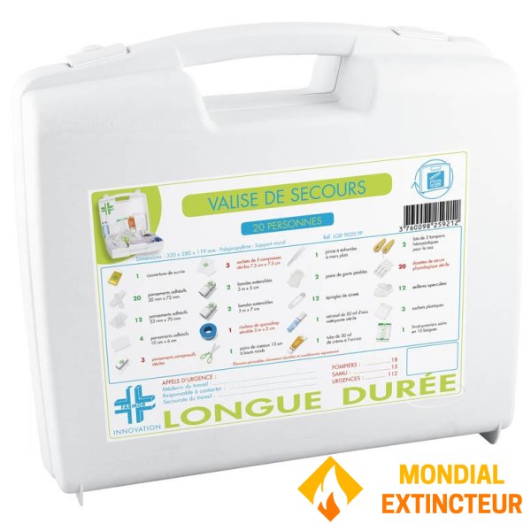 Valise de secours LONGUE DUREE, 20 personnes, avec poignée de transport et support mural