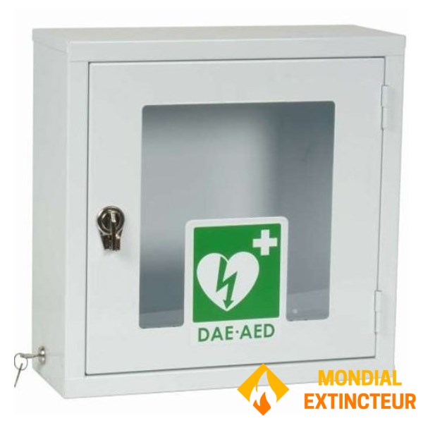 Weißer Metallschrank mit Alarm für Defibrillator