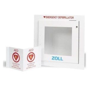 Weißer Metallschrank mit Alarm für ZOLL-Defibrillator