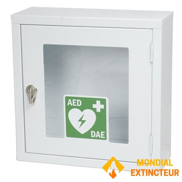 White metal cabinet with defibrillator alarm