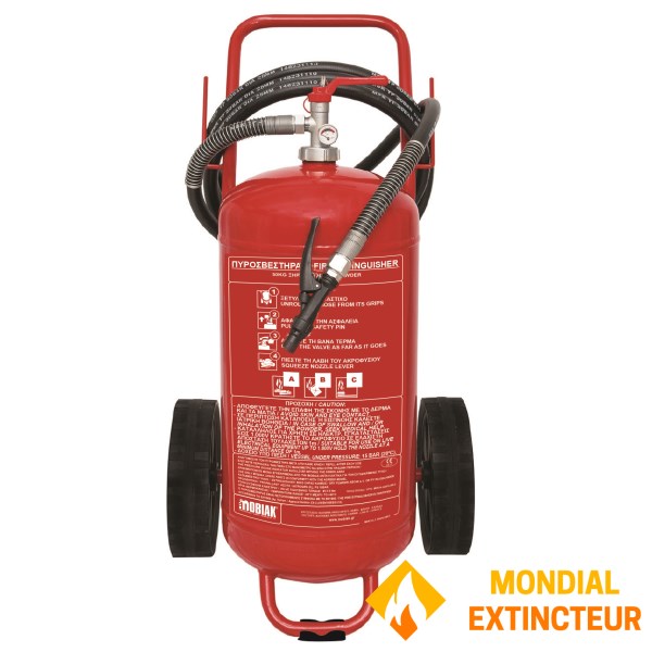 50 kg capacity ABC dry powder extinguisher on wheels - CE-EN3 standard