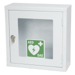 White metal cabinet with defibrillator alarm