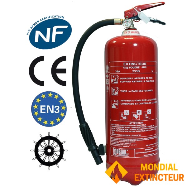 Extintor de polvo NF de 6 kg + soporte de montaje + panel informativo