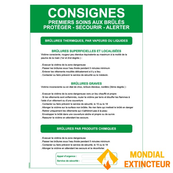 Instrucciones de seguridad "Primeros auxilios para víctimas de quemaduras" - formato A4