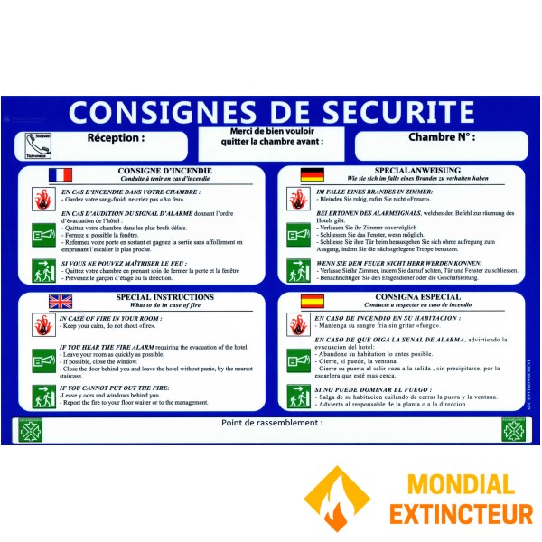 Paquete de 50 instrucciones de seguridad para hoteles en 4 idiomas