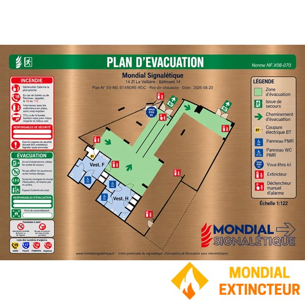 Plan d'évacuation sur Dibond Alu-Bronzé - Format A3