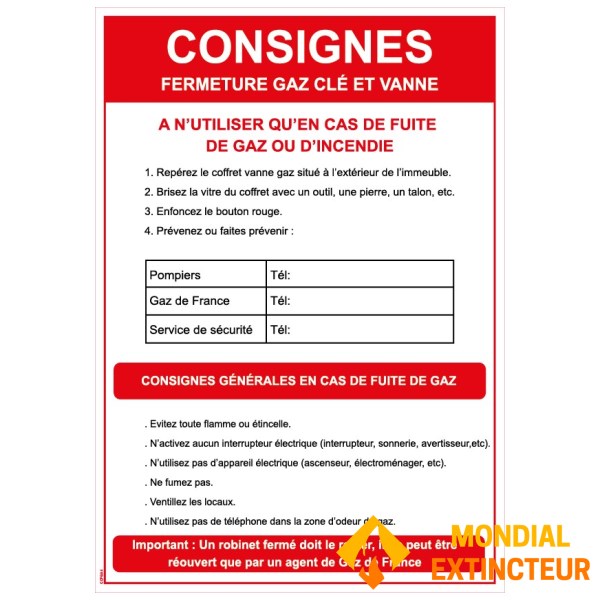 Consignes clé fermeture gaz - Format A4