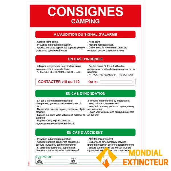 Consignes de sécurité Camping - Format A4