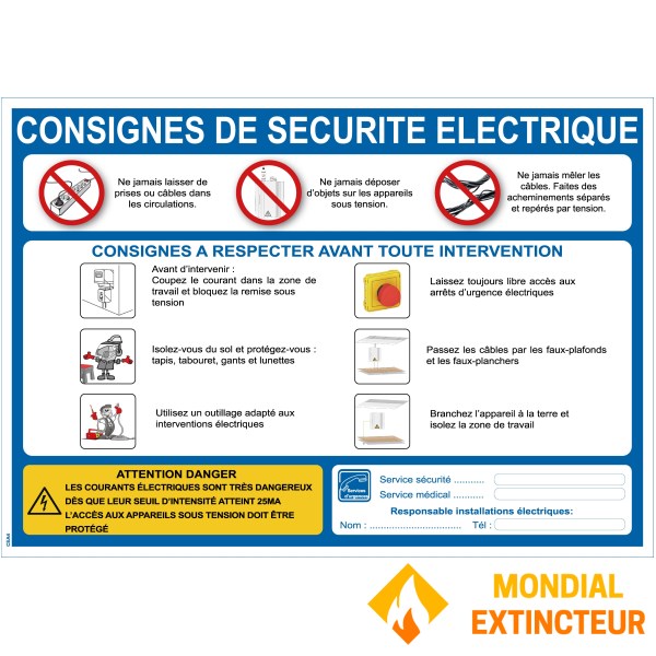 Consignes de sécurité électrique - Format A4