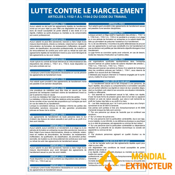 Panneau obligatoire lutte contre le harcèlement au travail - Format A4