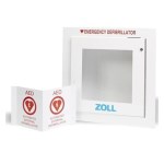 Kabinet logam putih dengan alarm untuk defibrilator ZOLL