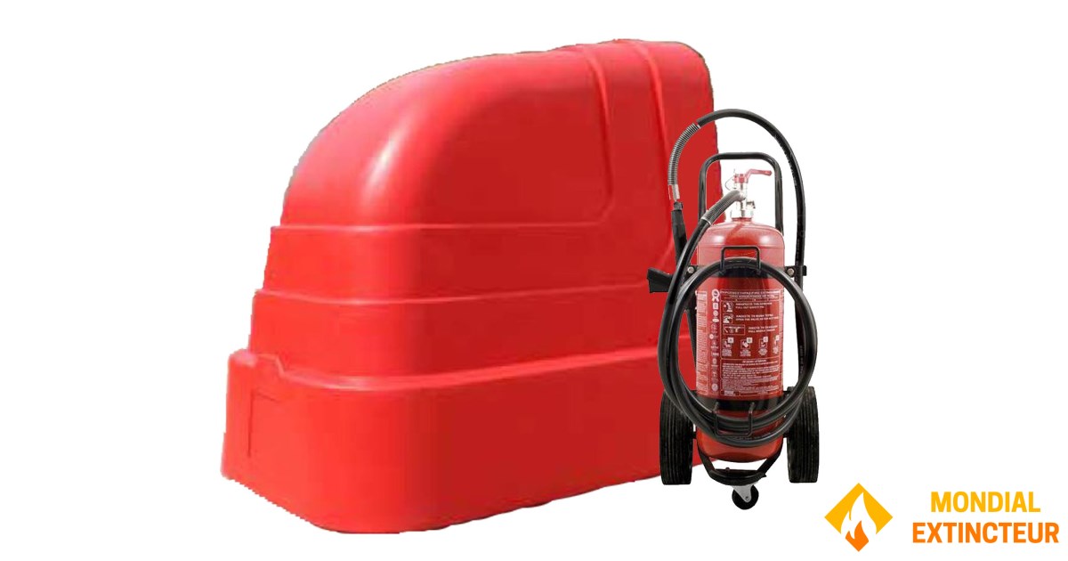 ABC 분말 소화기, 50kg 용량, NF, 바퀴 장착, 실외 대피소 포함