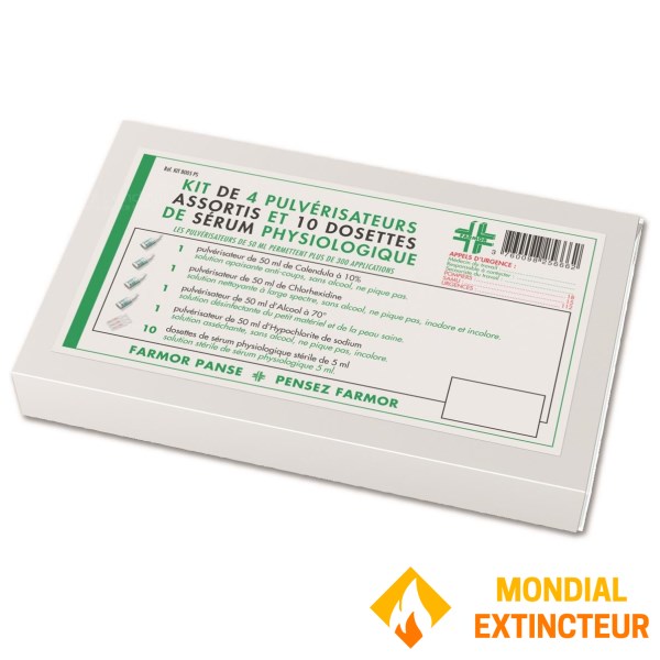 Kit de 4 pulvérisateurs et 10 dosettes de sérum physiologique stérile