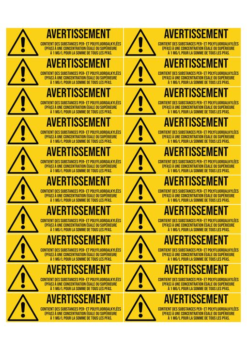 Planche A4 de 20 &eacute;tiquettes Avertissement PFAS