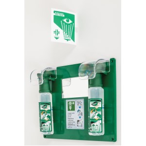 Aan de muur bevestigd oogstation met 2 x 250 ml flessen steriele oogoplossing
