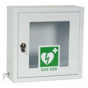 Wit metalen kastje met defibrillatoralarm