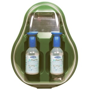 Veggmontert øye-boks som inneholder 2 x 250 ml flasker med nøytral PH