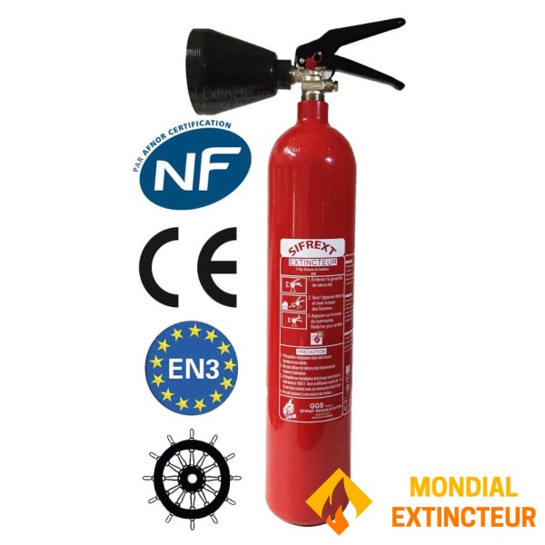 Extintor de incêndio de CO2, capacidade de 2 kg, NF e MED + suporte de fixação + placa de sinalização