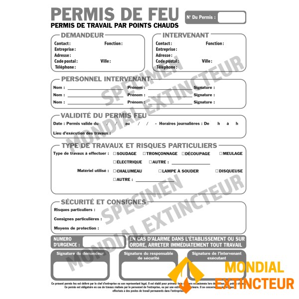 Autorizações de incêndio - Conjunto de 50 formulários em 3 exemplares